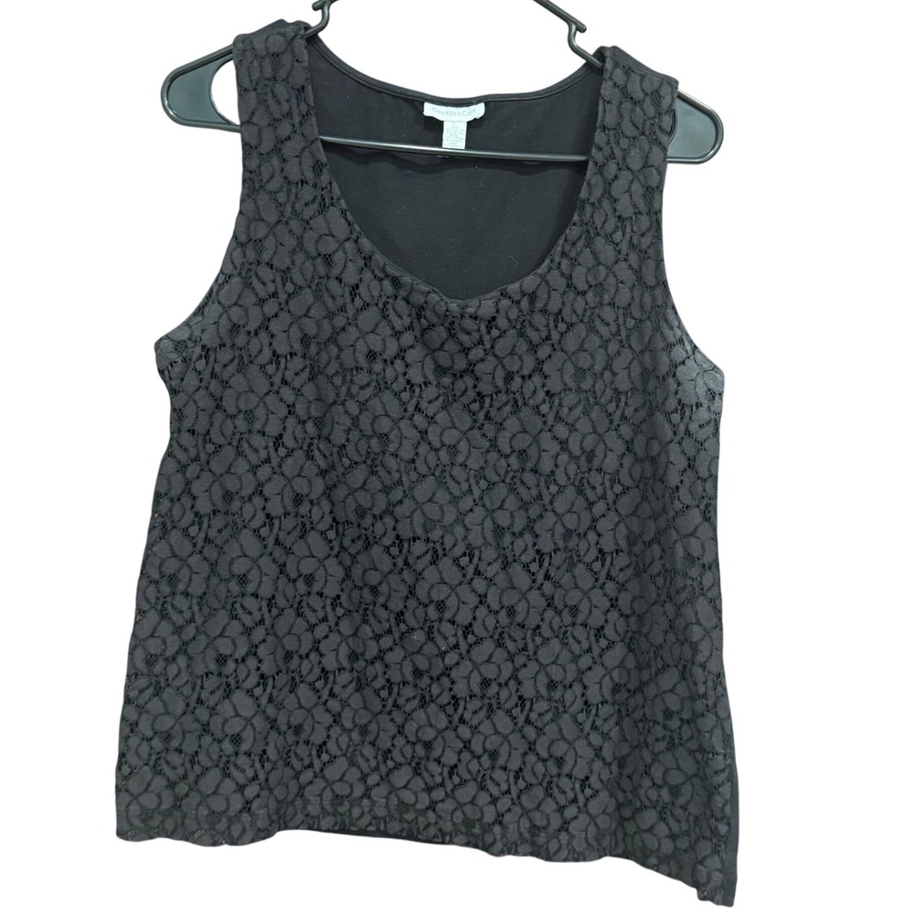 Charter Club Black Lace Tank‎ Top Sleeveless Lined Women's Blouse Size L